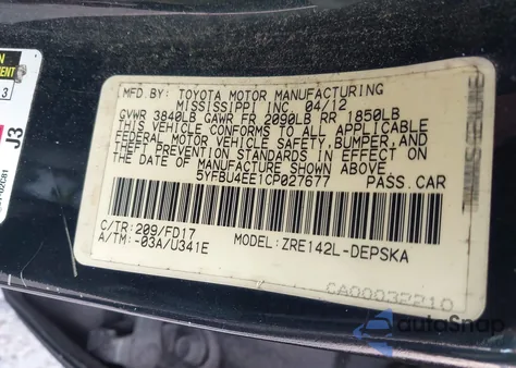2012 Toyota Corolla S from USA, damaged, VIN 5YFBU4EE1CP027677